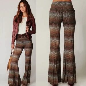 Free People Chevron Pull-on Flared Boho Wide-Leg Pants Brown/Multicolor Size L